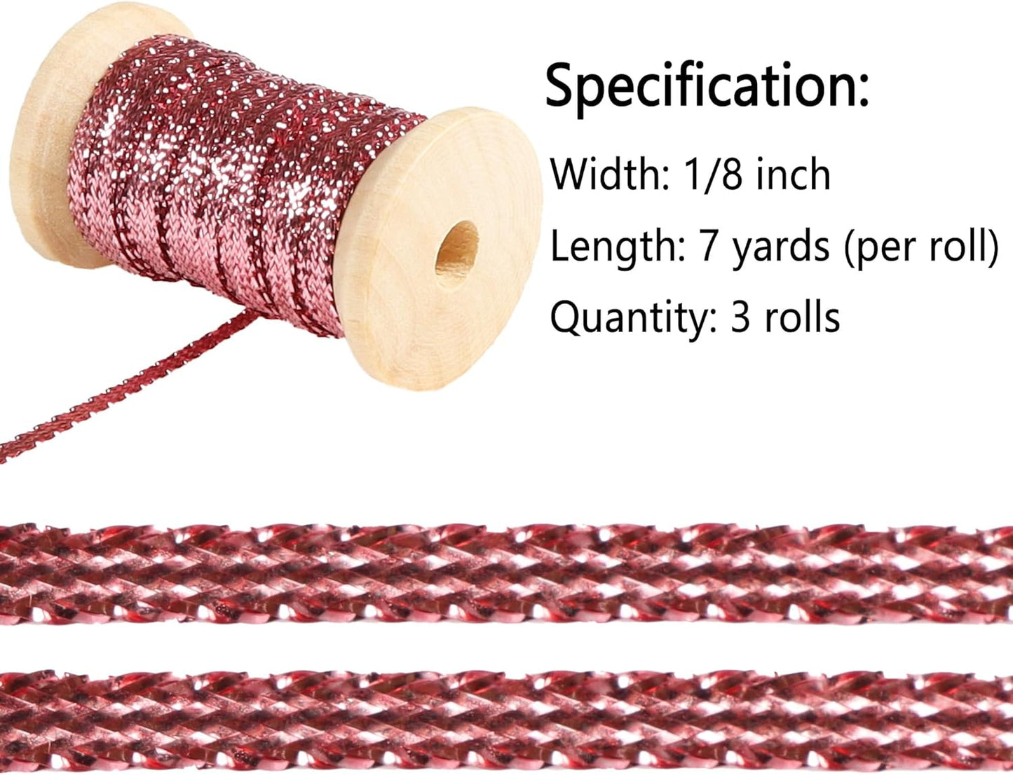 Rose Gold Thin Ribbon 1/8 inch Metallic Braided Double Faced Ribbons Curling Ribbons for Balloon String Crafts Gift Wrapping Party Wedding Christmas Ornaments Decoration 7 Yard x 3 Rolls