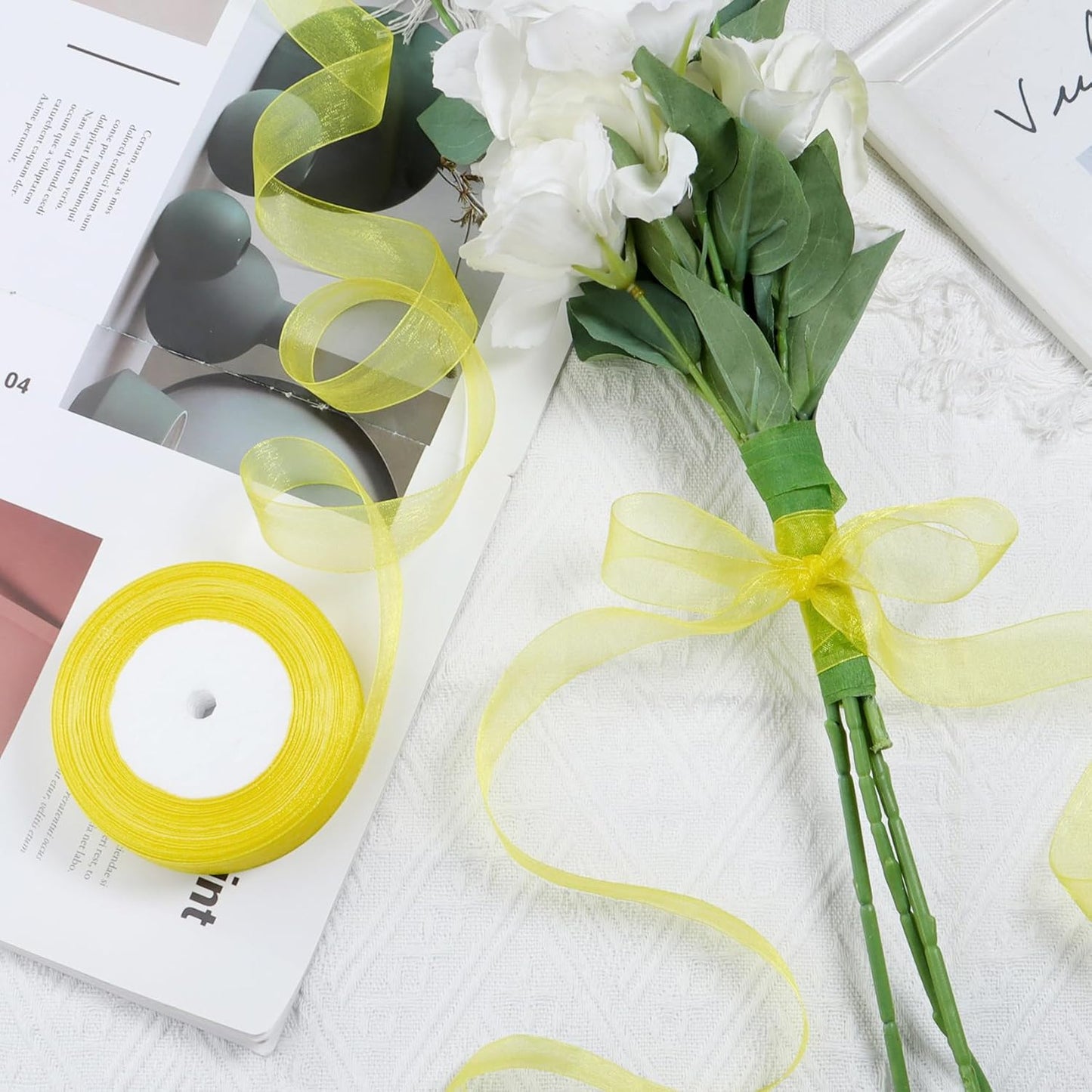 Ribbon for Gift Wrapping 3/4 inch Yellow Sheer Organza Ribbon for Flower Bouquet Tulle Thin Chiffon Ribbons for Wedding Invitations Christmas Halloween Presents Decorations Crafts 50 Yards