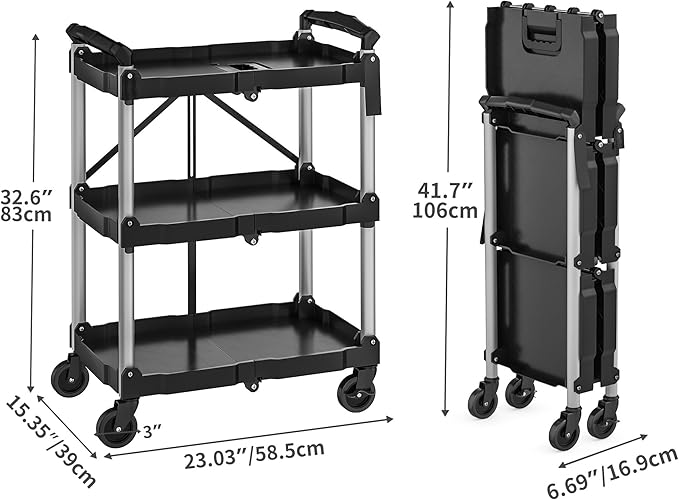 YITAHOME 240LBS Folding Utility Cart with Wheels, Foldable Utility Service Cart 3 Tier Collapsible Rolling Cart with 360°Swivel Wheels (2 with Brakes), Portable Cart for Home Garage Restaurant Office