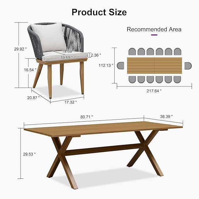 PURPLE LEAF 16 Pieces Patio Dining Set Wicker Outdoor Furniture Rectangular Table and Chairs Set for Garden Deck Teak-Finish Aluminum Frame Backyard Kitchen Set, Cushions and Pillows Included