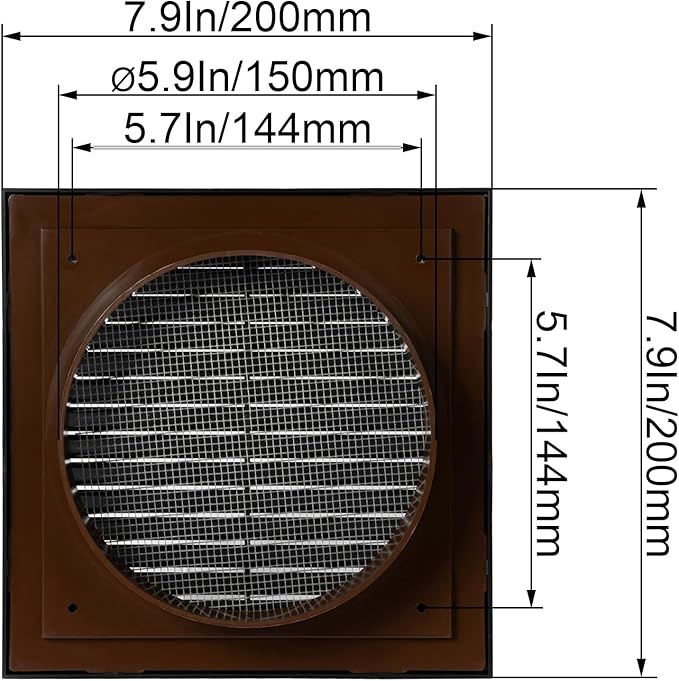 Black 6" Inch Ventilation Grille - Inside/Outside use - (Flange 5.9"Ø/Cover 8"x8") - Air Vent Louver - Exhaust Hood - Available 3 Sizes / 4 Colors.