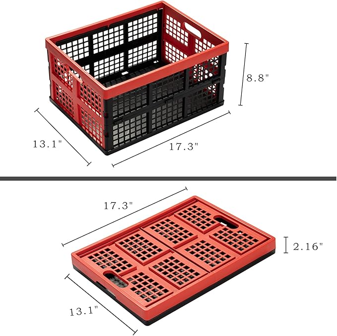 34L Large Plastic Folding Storage Crates,Collapsible Crates for Storage,Pack of 3 (Black+Red)