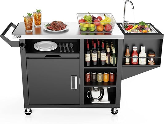 NUUK Grill Cart with Sink and Storage Cabinet Outdoor Kitchen Island Prep Table Cooking Station with Stainless Steel Top and Movable Universal Wheels for Outside BBQ Backyard Include Metal Hooks
