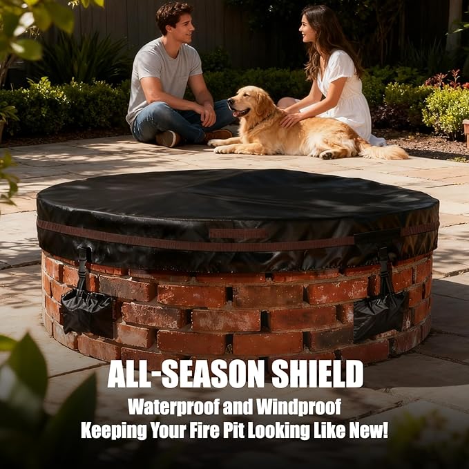 Outdoor Round Fire Pit Cover 66x9.5" Waterproof Tear-Resistant 600D Oxford PU Coated for 61–66" Built-In or In-Ground Stone Fire Pits, Heavy Duty All-Season Protection for Outdoor Fireplaces