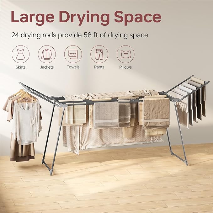 APEXCHASER Clothes Drying Rack Foldable, Large Drying Rack for Clothing Retractable, Winged Laundry Rack Folding Indoor Outdoor, Metal Clothes Airer for Bedding Towel Sweater Heavy Duty, Grey