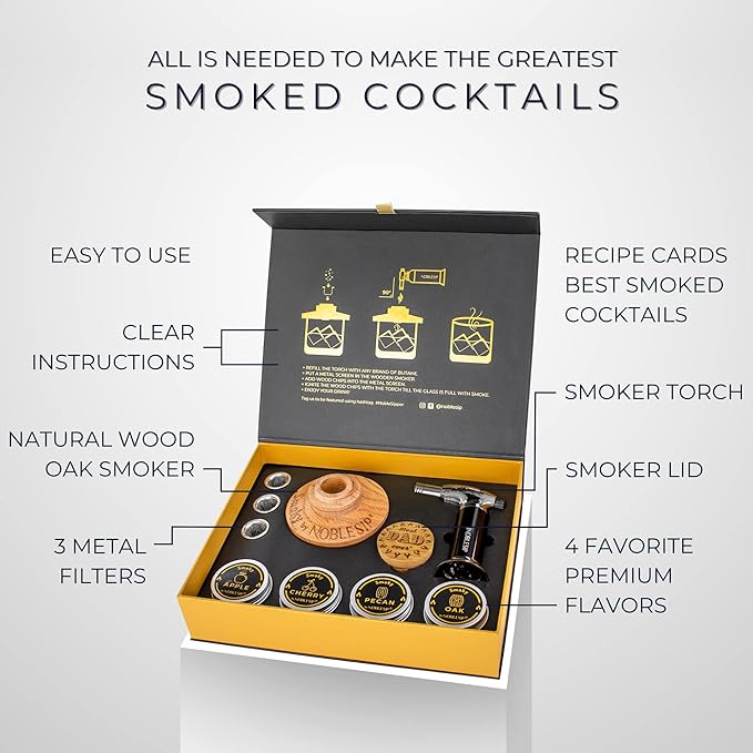 NobleSip Whiskey Cocktail Smoker Kit 𝗣𝗘𝗥𝗦𝗢𝗡𝗔𝗟𝗜𝗭𝗘𝗗, All in 1 case to Smoke Any Drink, Old Fashioned, Bourbon, Scotch. NOBLESIP Smoky in Designer Gift Box. A Great Custom Name Home bar Gift