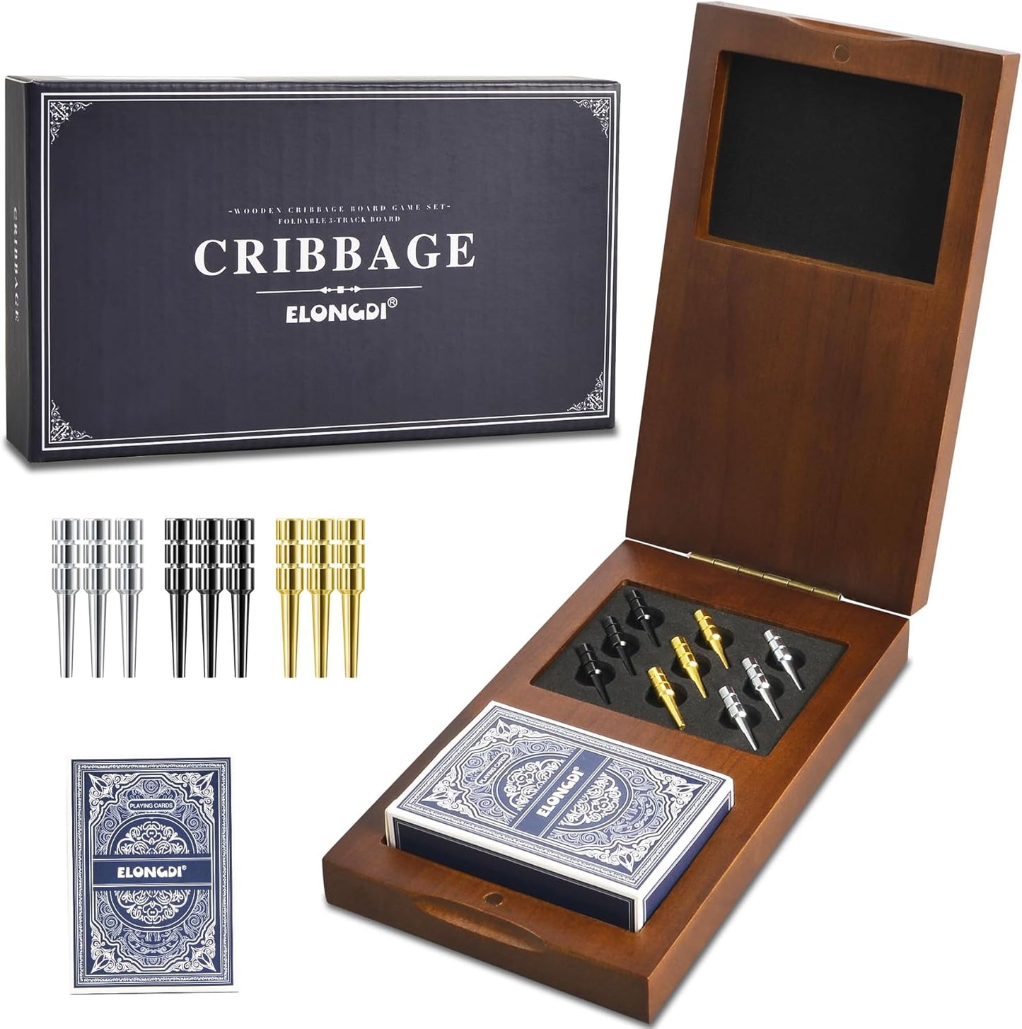 Foldable Wooden Cribbage Board Game Set, Portable Travel 3 Track Cribbage Board with Magnetic Closure,9 Metal Pegs,A Deck of Cards - Family Board Games for Kids and Adults