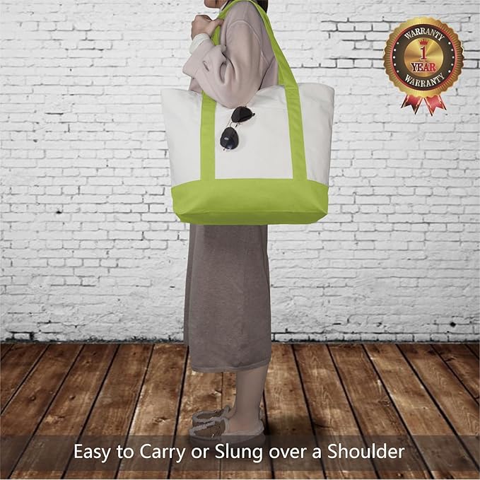 TOPDesign 6-Pack Canvas Tote Bags with an External Pocket, Reusable Grocery Shopping Bags, Top Zipper Closure, Daily Essentials (Light Green/Natural)