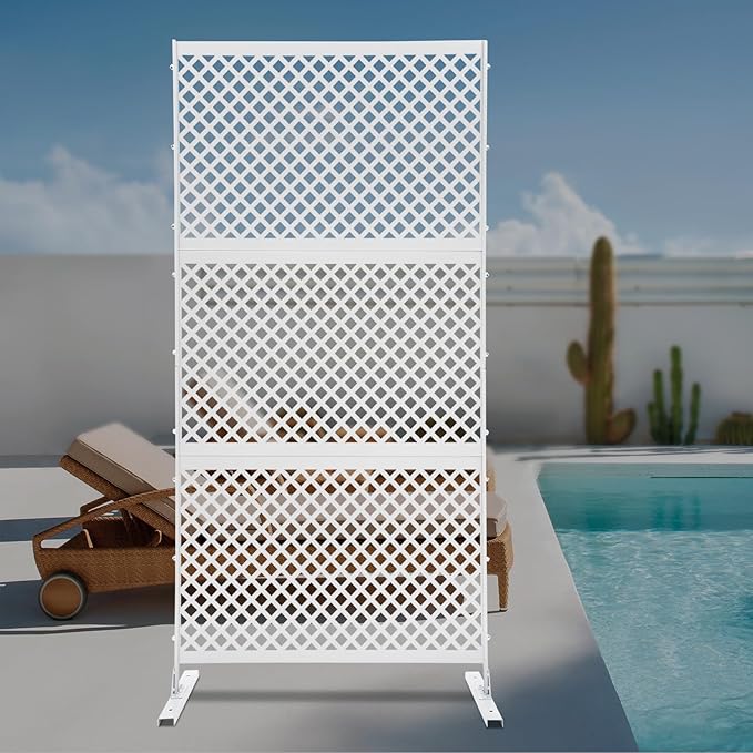 Outdoor Metal Privacy Screen with Stand, 35.4" W x 75" H Freestanding Metal Slatted Decorative Privacy Screen and Panels for Patio Garden Balcony Porch (White Grill)