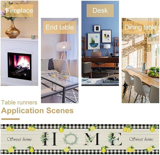 Lemon Fruit Home Table Runner,Vintage Farmhouse Rustic Black White Buffalo Plaid Dining Table Decoration for Home Holiday Party Dresser Kitchen Cabin Restaurant Wedding Decor 13×60in
