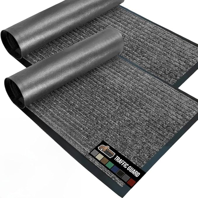 GORILLA GRIP Waterproof Traffic Guard Door Mat, 2 Pack Heavy Duty Entryway Mats, Strong Rubber Back Commercial Rugs for Office Hallway, Garage Floor and Home, Low Profile Carpet, 35x23, Light Gray
