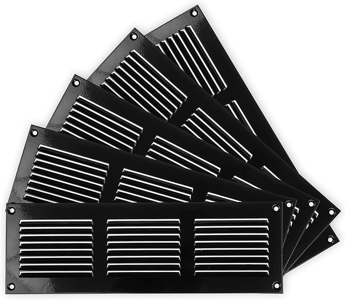 Repa Market 5-Pack 12x4 Inch Air Vent Cover/Black Galvanized Steel Louvered Grill Cover with Mesh Screen/Wall or Ceiling Vent/Durable Flush Mount HVAC Register for Indoor and Outdoor Ventilation