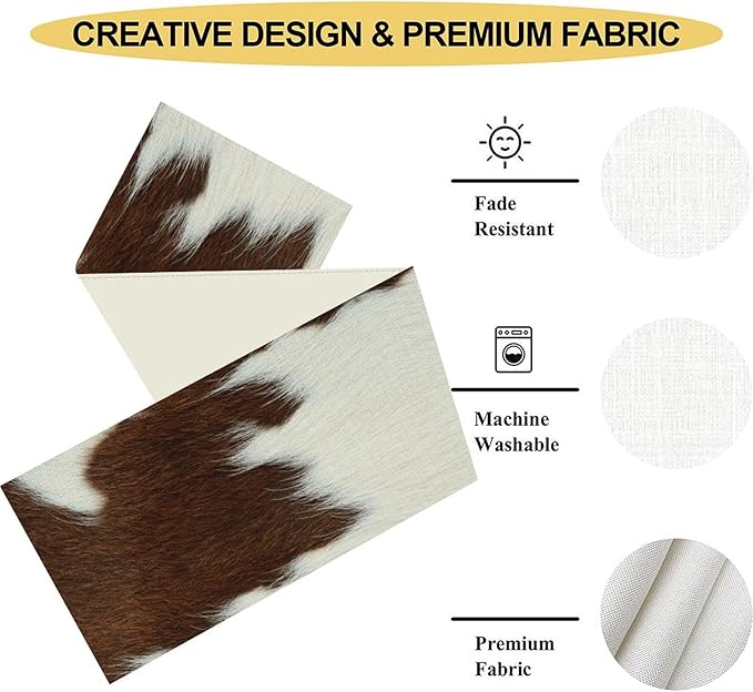 Cow Print Table Runner, Brown Cowhide Print Western Style Table Runner Country Farmhouse Cottage Cow Pattern Linen Table Decoration for Home Kitchen Dining 13x108