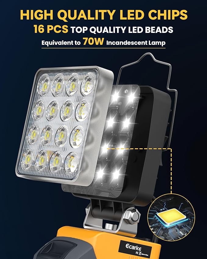Ecarke 2 PCS Cordless LED Work Light Compatible with DeWALT 20V: 70W 7000LM Flashlight with USB & Type-C Charging Output Port, Portable Battery Flood Light for Job Site, Camping, Battery Not Included