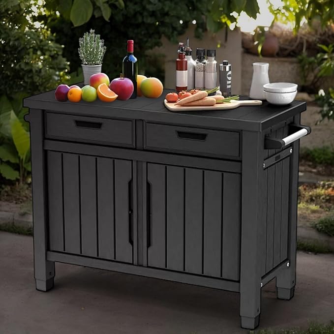 Outdoor Grill Table, Entertainment, and Storage Table with Drawers in Graphite Gray is a Versatile and Stylish Addition to Any Outdoor Space.