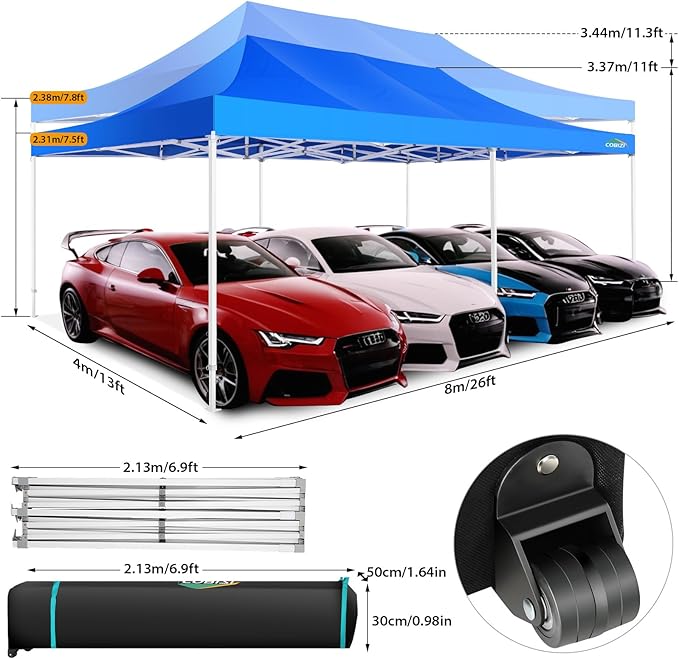 COBIZI 13x26 Pop up Canopy Tent 13x26 Canopy with 6 Sidewalls Waterproof Heavy Duty Commercial Canopy Tent for Parties Outdoor Garden Gazebo, Carry Bag with Wheel(13x26ft, Blue)