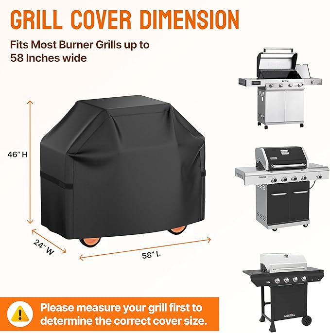 58 Inch BBQ Grill Cover, Heavy Duty Waterproof Outdoor Grill Cover, UV, Fade & Tear Resistant, Secure Fit with Straps, Fits Most Gas BBQ Grills