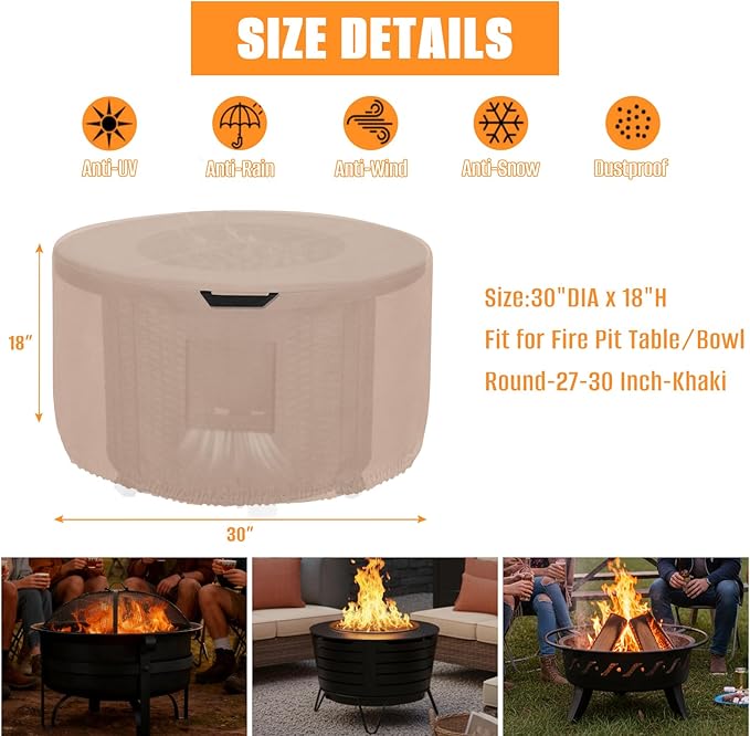 Kovshuiwe Round Fire Pit Cover-600D Fabric Waterproof and Resistant Material, Fits Outdoor For 27-30 Inch Fire Pit /Table Cover, Patio Fire Bowl Cover-30"DIA x 18"H, Khaki