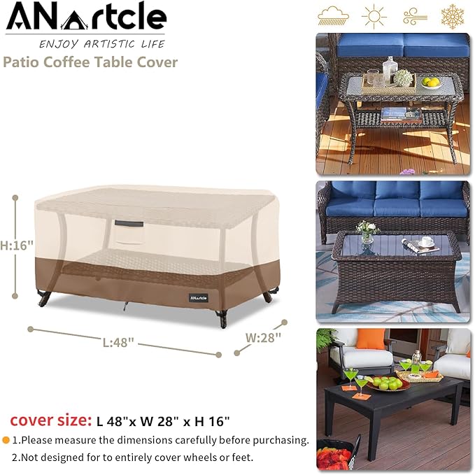 Patio Coffee Table Cover, 600D Waterproof Heavy Duty Rectangular Outdoor Table Cover,Patio Furniture Covers,48 x 28 x 16 inch,Beige&Brown.