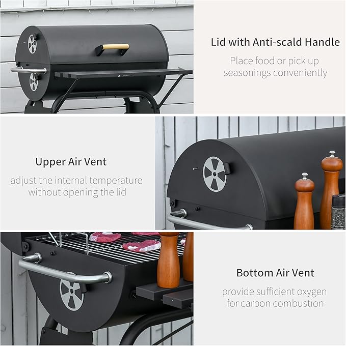 30 Inch Portable Barrel Charcoal Grill with Offset Smoker, Steel Outdoor BBQ Grill with Storage Shelves and Wheels, Charcoal Smoker Grill for Backyard, Camping & Picnic