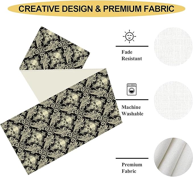 Skull Table Runner, Retro Antique Gothic Damask Pattern Classic Halloween Boho Black Coffee Vintage Table Center Decor for Kitchen and Dining Outdoor Home Country Party Table Decorations, 13"x72"
