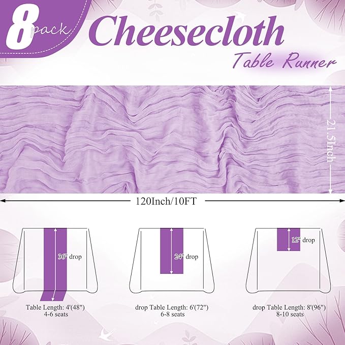 8 Packs Cheesecloth Table Runner 10FT Long Boho Gauze Fabric Table Runner Vintage Rustic Sheer Runners for Wedding Party Bridal Baby Shower Table Decorations (Lilac)