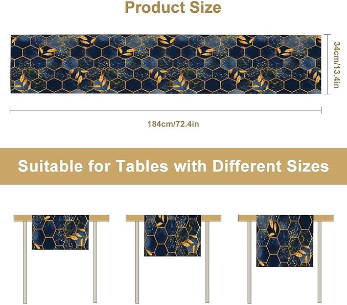 Marble Table Runner, Dark Blue Gold Modern Marble Leaf Aesthetic Geometric Table Runner for Indoor Home Living Room Party Dining Kitchen 13x120in