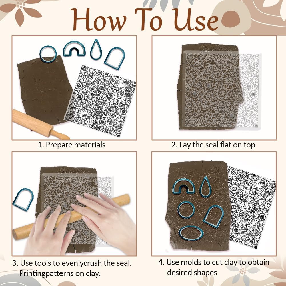 CHGCRAFT Abstract Flowers Geometric Flowers Silicone Texture Stamp Polymer Clay Molds DIY Clay Texture Tools for Clay Pottery Earring Jewelry Making Stamp Engraving Machines, Flower, 5.5x5.5inch