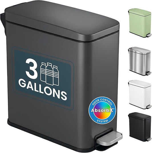 iTouchless SoftStep 3 Gallon (11.4L) Slim Bathroom Trash Can with Lid, Gunmetal Gray Stainless Steel Fingerprint-Proof, Silent Soft-Close Pedal AbsorbX Odor Filter Removable Bucket Dorm Bedroom Office