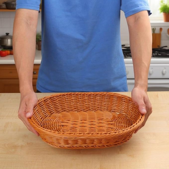 5 Pack 13.8 Inch Oval Poly Wicker Baskets, Plastic Oval Wicker Baskets, Rustic, Durable & Easy-Cleaning Wicker Bread Basket, for Home, Restaurant & Hotel Use, Brown