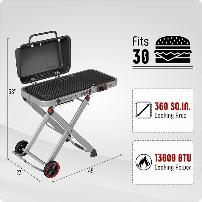 Portable Propane Gas Grill with Folding Cart & 13000 BTUs Burner, 360 Sq. In. Cast Iron Cooking Grates, Side Table, 8" Wheels, Stainless Grease Tray, Black Includes Propane Adapter Hose.