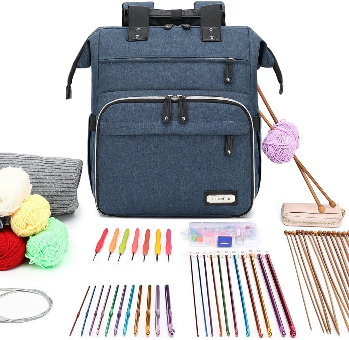 Crochet Backpack,Knitting Bag Backpack Yarn Storage Organizer Travel Crochet Bag with USB Charging Port,Large Yarn Tote Bag Yarn Holder Case for Knitting Needles,Crochet Hooks,Crochet Accessories,Blue