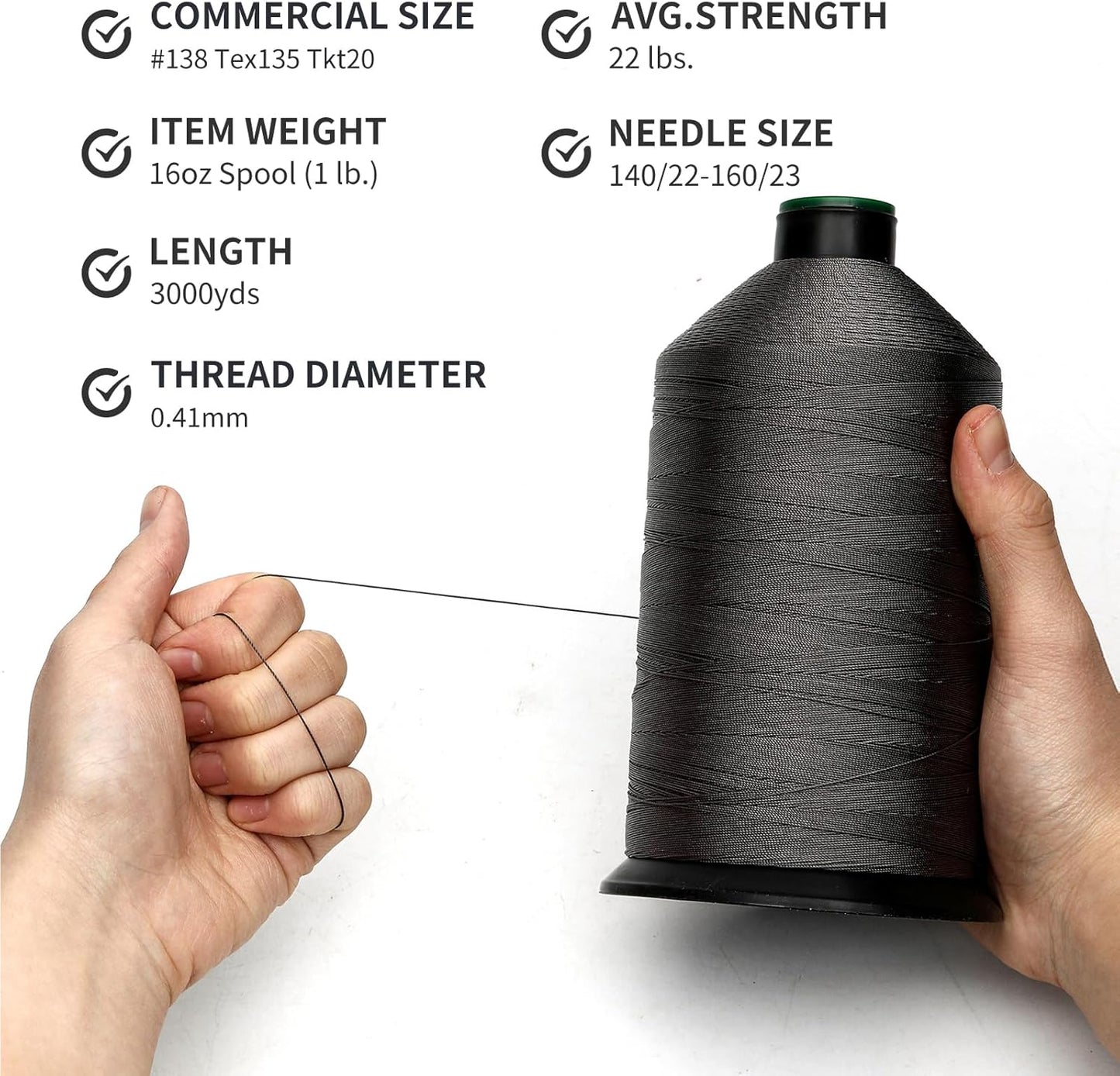 Extra Strong Bonded Nylon Thread #138 Tex135 – 16 OZ, 3000yds, Versatile Stitching Solution for Leather, Upholstery, Canvas Repair and More (Dark Gray)