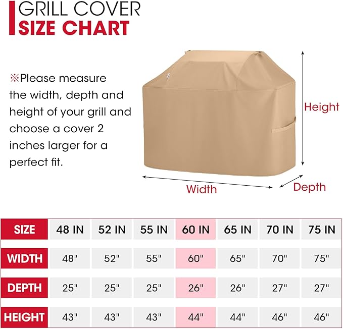 Unicook Heavy Duty Waterproof Grill Cover 60 Inch, BBQ Cover for Outside, Compatible with Weber Char-Broil Nexgrill Kenmore 3-5 Burner Gas Grills up to 58”, All Weather Protection, Light Brown