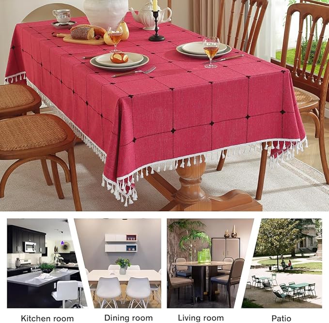 Pahajim Rustic Linen Tablecloth Cotton Rectangle Table Cloth for Kitchen Dining with Tassel Plaid Waterproof Tablecloths Square,55''x55'',4 Seats