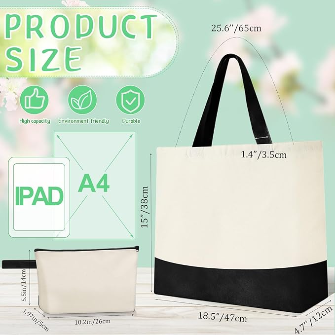 Sanwuta 24 Pcs Canvas Tote Bags Bulk with Zipper Cosmetic Bags 18.5" Cotton Canvas Bag with Handles Reusable Shopping Bags