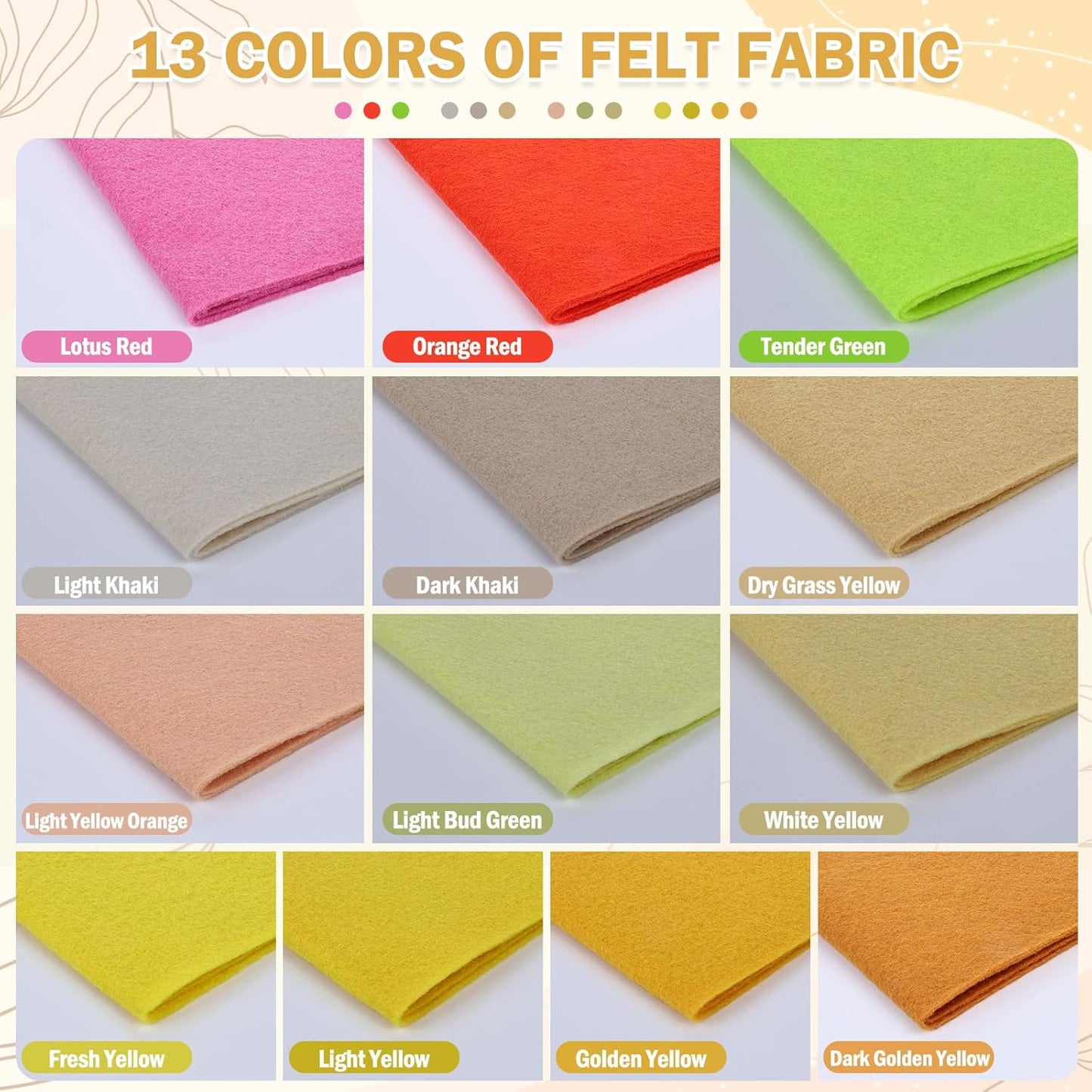 XSEINO 13 Rolls 8"x35" 1.4mm Thick Soft Felt Fabric Sheet 13 Assorted Yellow Series Colors Felt Pack for DIY Craft Sewing Squares Nonwoven Patchwork