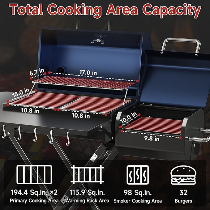 Portable Charcoal Grill with Smoking Function, Foldable Suitcase Design with Wheels, Multi-Tier Storage Rack & Waterproof Cover for Outdoor BBQ Parties (Blue)