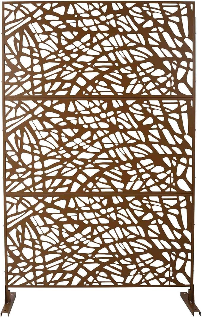 Outdoor Decorative Metal Privacy Screen Panel, 48" L x 16" W x 76" H, Steel Partition for Garden, Patio, and Backyard, Freestanding with Stable Base, Modern Geometric Design, Brown