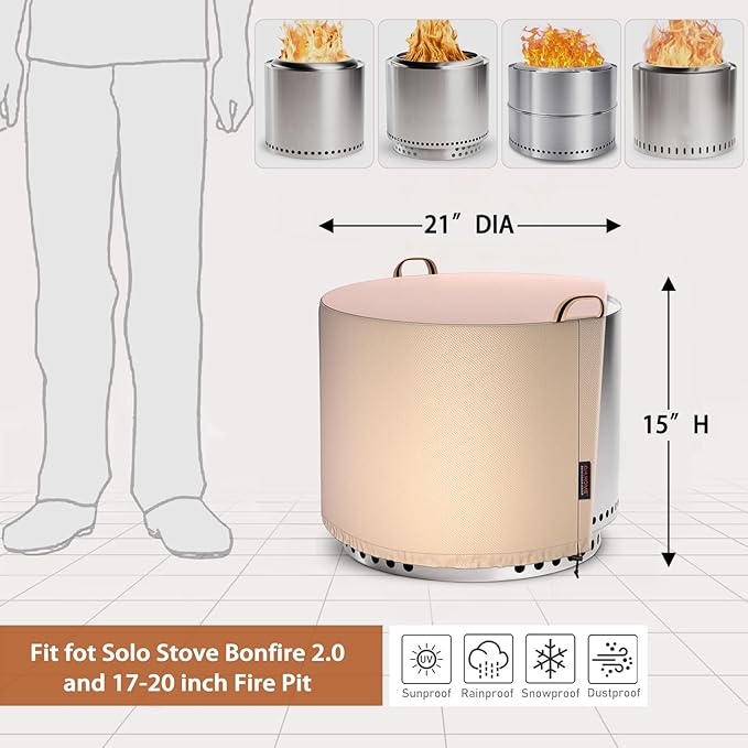 QH.HOME [2025 Upgraded 900D Fabric] Fire Pit Cover Round for Solo Stove Bonfire 2.0, Strong Tear Resistant,Waterproof Firepit Accessories for Gas/Table/Bowl Fire pits - 21" D X 15" H - Wheat