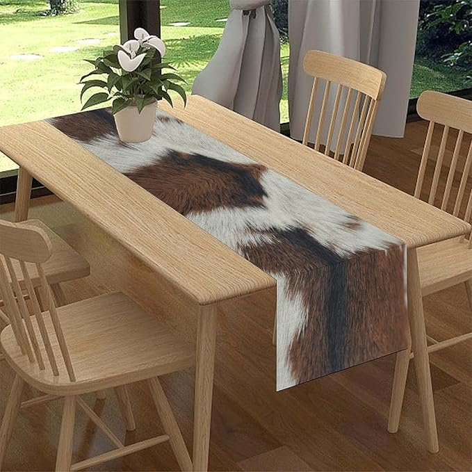 Cow Print Table Runner, Brown Cowhide Print Western Style Table Runner Country Farmhouse Cottage Cow Pattern Linen Table Decoration for Home Kitchen Dining 13x72