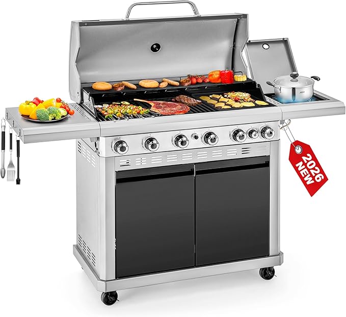 2 in 1 Propane Griddle Grill Combo, 6-Burner Propane Gas BBQ Combo Grill with Porcelain-Enameled Cast Iron Grates & Plate, 42,000 BTU with Side Stove for Outdoor Cooking Camping Patio Backyard