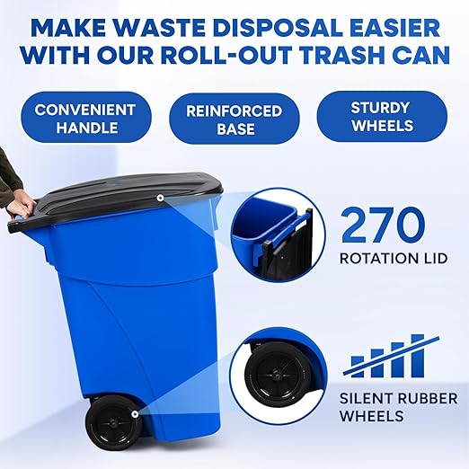50 Gallon Trash Can with Lid Rollout Recycling Bin Large Outdoor, Commercial Heavy-Duty Container with Wheels, Blue