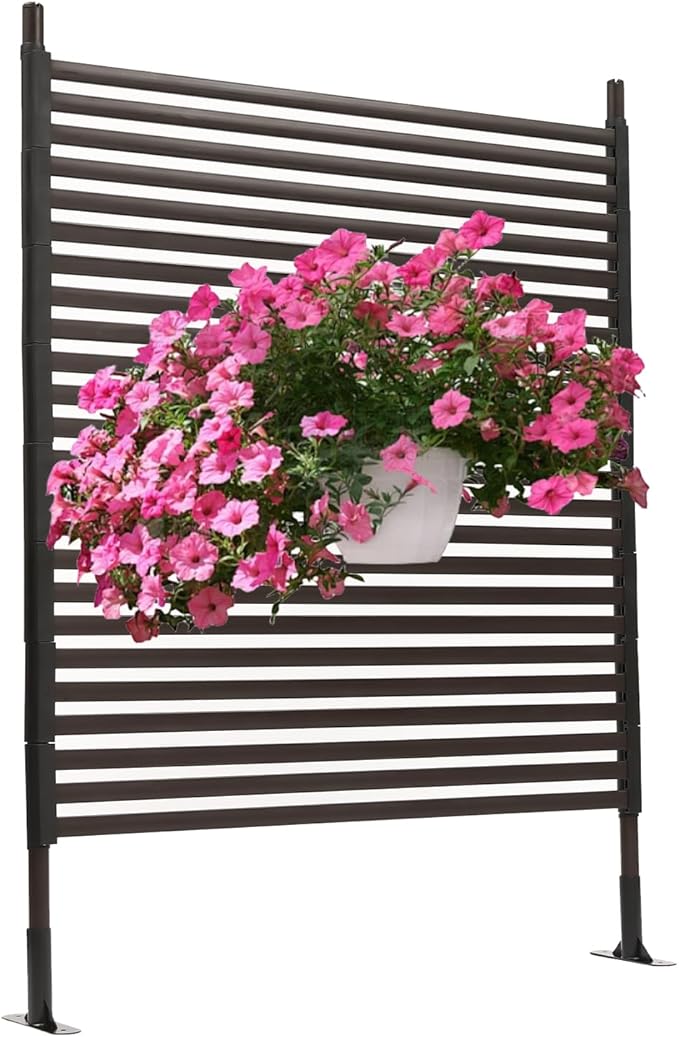 Outdoor Freestanding Privacy Screen, 43" W x 59" H Metal Slatted Decorative Panel With Stand, Brown Backyard Screen for Garden Patio