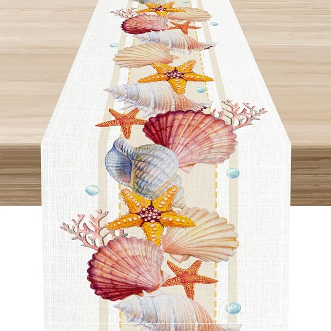 Coastal Table Runner, Yellow Coastal Starfish Coral Shell Pearl Beach Ocean Watercolor Summer Coffee Table Center Decor for Holiday Party Kitchen Outdoor Farmhouse Table Decorations, 13" X 72"