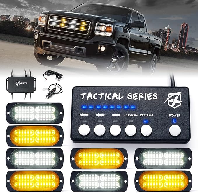 Xprite Amber/White 24 LED Surface Mount Strobe Lights Kit with Control Panel, Grill Grille Side Marker Flashing Emergency Warning Light Assemblies for Construction Vehicles Tow Trucks ATV UTV Van 8PCS