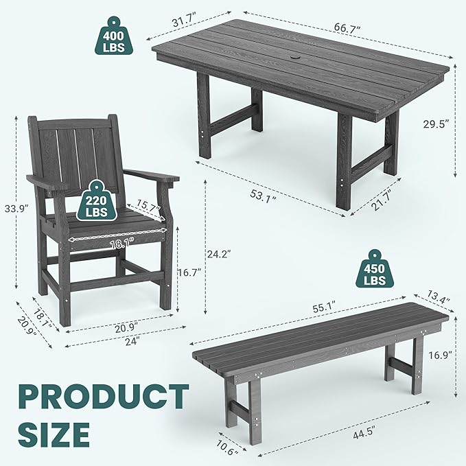 Pamapic 5 PCS Outdoor Dining Set, Spacious HDPE Outdoor Table and Chairs with 2 Bench, Wood Grain Patio Furniture Sets with Elegant Armrest, All-Weather Outdoor Furniture with Umbrella Hole, Gray