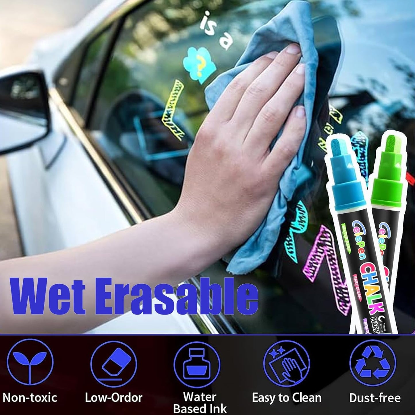 Window Chalk Markers for Cars Glass Washable, 16 Colors Jumbo Liquid Chalk Marker Pens with 10mm 3 in 1 Nib Wide Tips, Big Chalkboard Markers Car Window Paint Pens for Auto, Bistro, Mirror, Poster