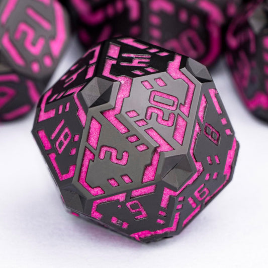 Metal DND Sci-fi Dice Set 7PCS Luminous Pink Stripe Polyhedral Dice for Dungeons Dragons RPG Role Playing Game, Glitter D and D Dice with Gift Box D6 D8 D10 D12 D20