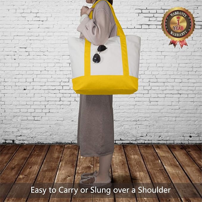 TOPDesign 1-Pack Canvas Tote Bag with an External Pocket, Reusable Grocery Shopping Bag, Top Zipper Closure, Daily Essentials (Yellow/Natural)